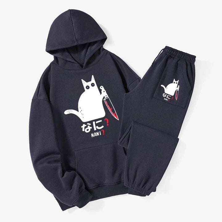 A Puzzled Cat Holding A Knife Fleece Lined Hoodie Set