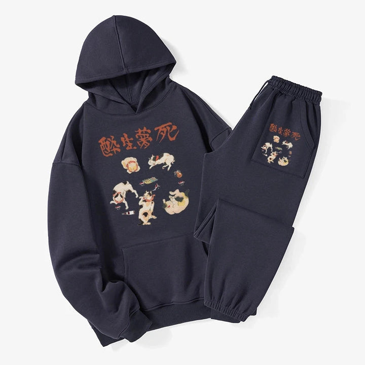 Drunken Cats Fleece Lined Hoodie Set