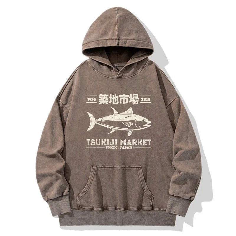 Retro Tsukiji Fish Market Streetwear Tokyo Washed Hoodie
