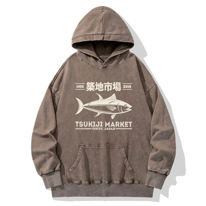 Retro Tsukiji Fish Market Streetwear Tokyo Washed Hoodie