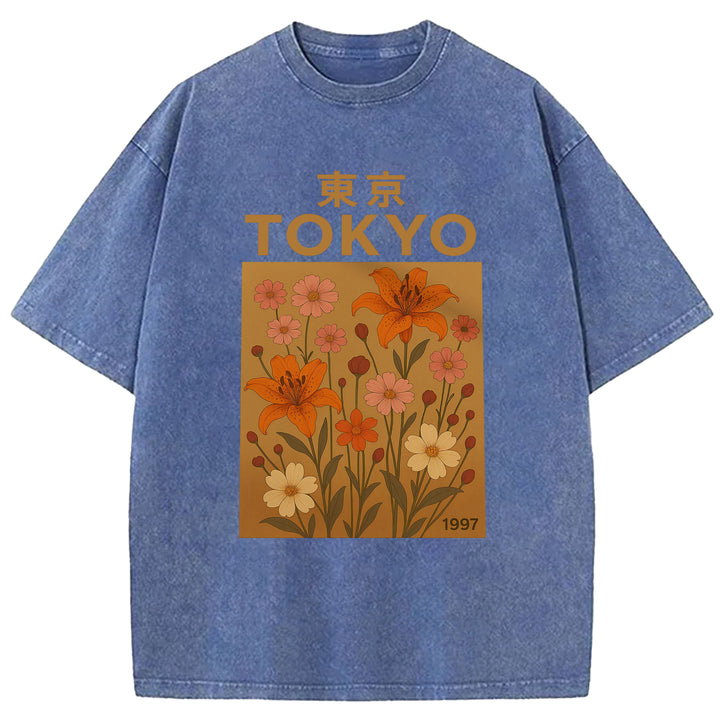 Tokyo Flowers Design Washed Crew Neck T-Shirt
