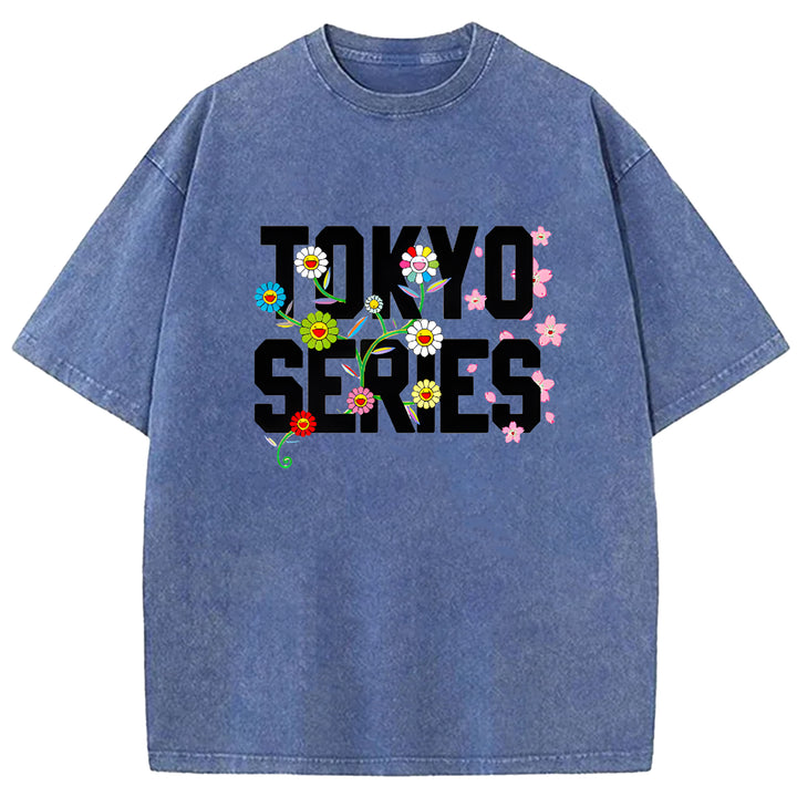 Tokyo Series Vintage Design Washed Crew Neck T-Shirt