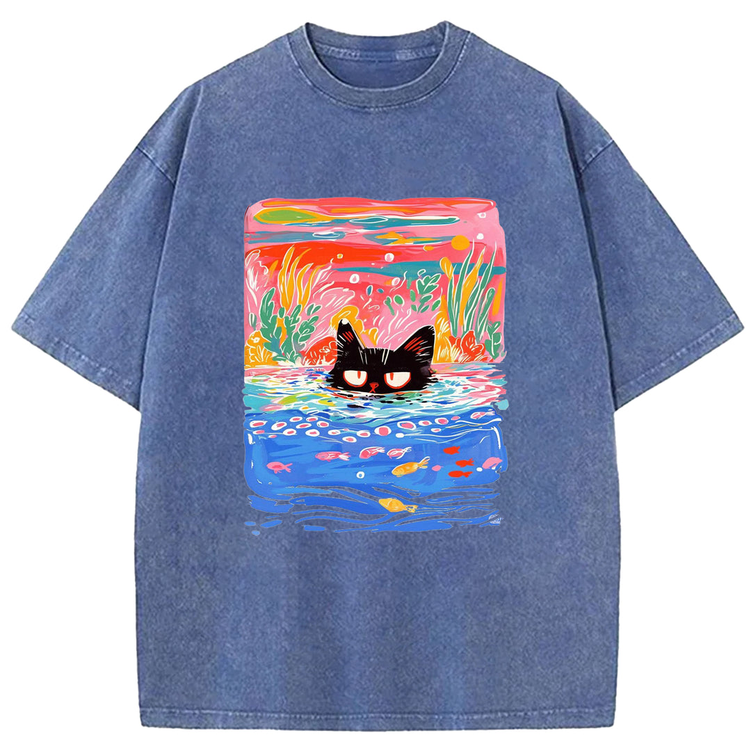 Artistic Cat Design Washed Crew Neck T-Shirt