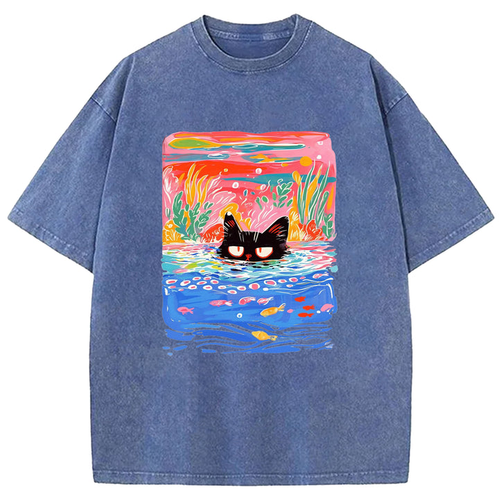 Artistic Cat Design Washed Crew Neck T-Shirt