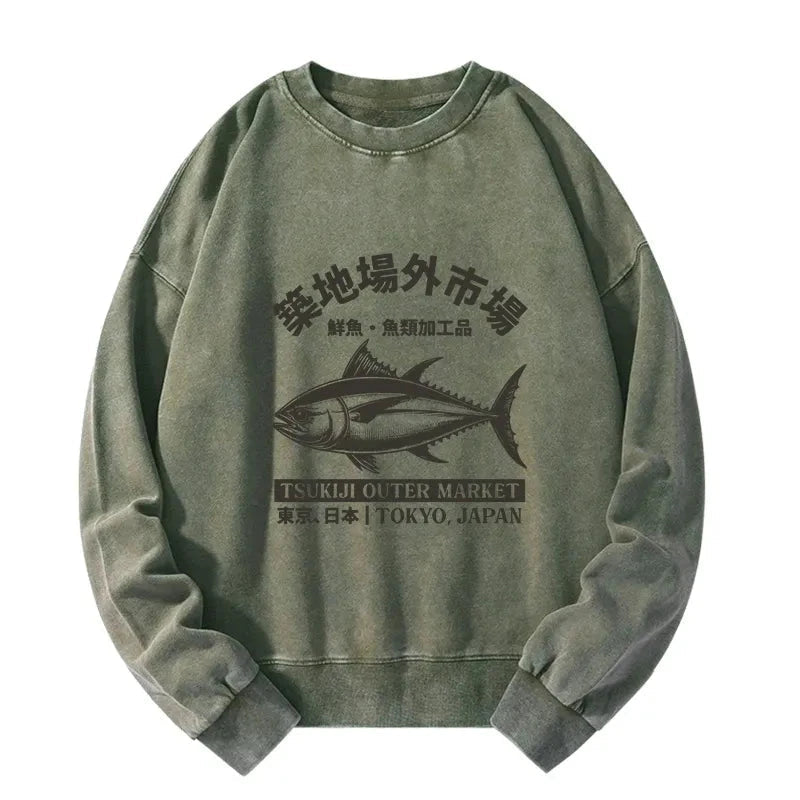 Tokyo Japan Tsukiji Fish Market Washed Sweatshirt