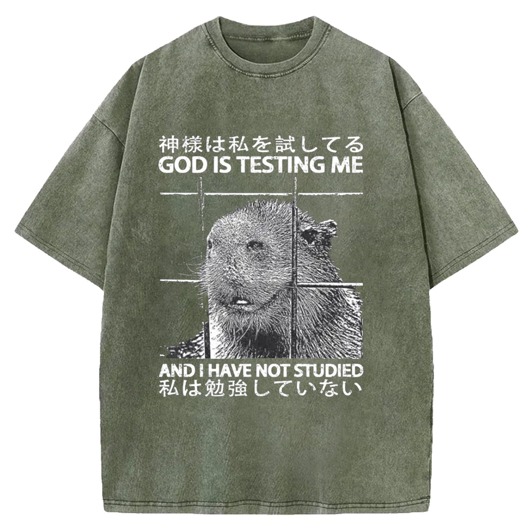 GOD IS TESTING  ME Washed Crew Neck T-shirt