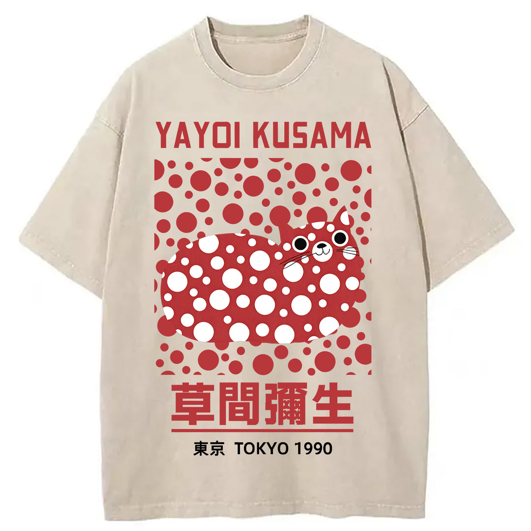 Yayoi Kusama Cat Vintage Washed Crew Neck T-Shirt