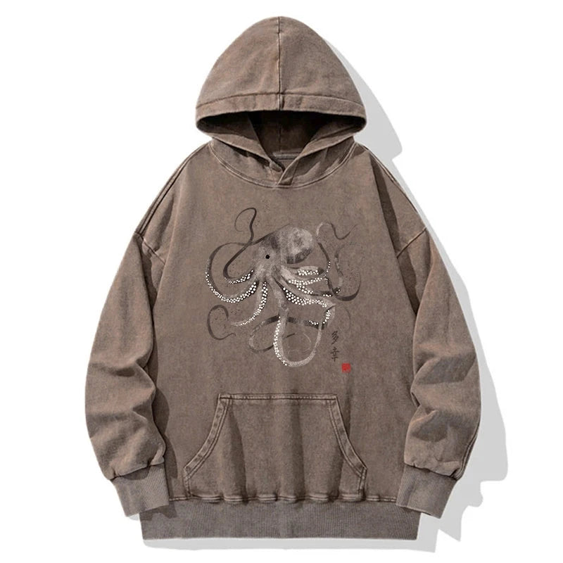 Octopus Japanese Calligraphy Washed Hoodie