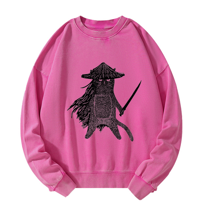 Japanese Samurai Cat Washed Sweatshirt