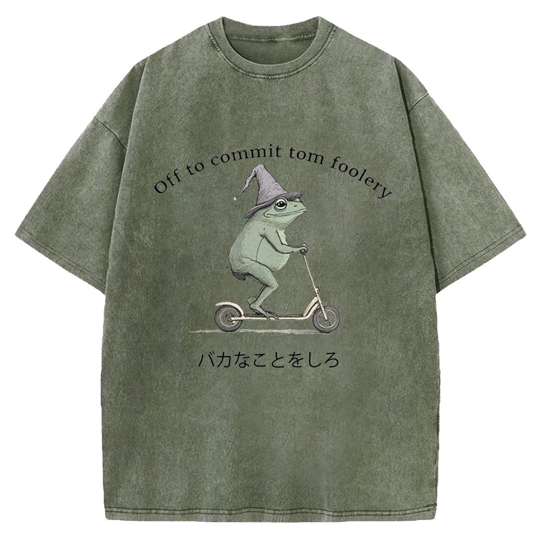 Off To Commit Tom Foolery Vintage Design Washed Crew Neck T-Shirt