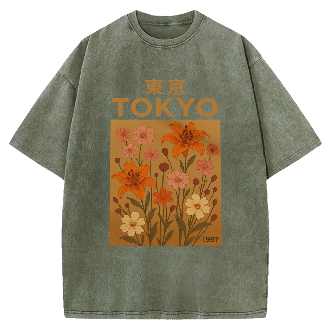 Tokyo Flowers Design Washed Crew Neck T-Shirt
