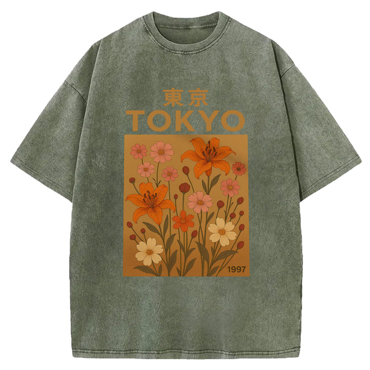 Tokyo Flowers Design Washed Crew Neck T-Shirt