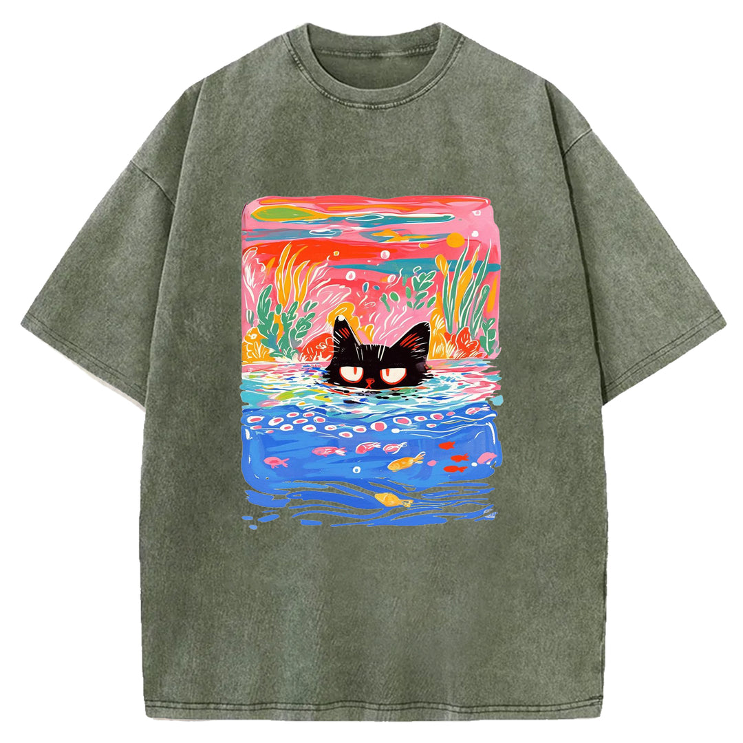 Artistic Cat Design Washed Crew Neck T-Shirt