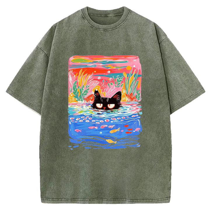 Artistic Cat Design Washed Crew Neck T-Shirt