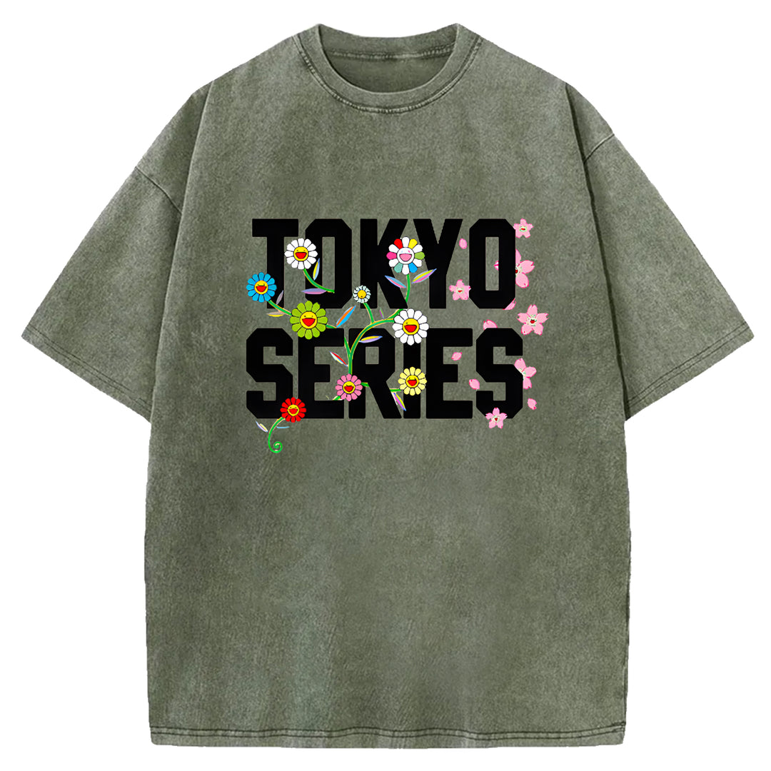 Tokyo Series Vintage Design Washed Crew Neck T-Shirt