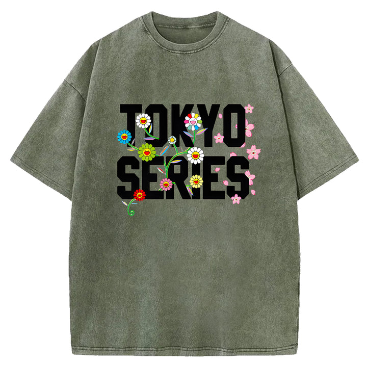 Tokyo Series Vintage Design Washed Crew Neck T-Shirt