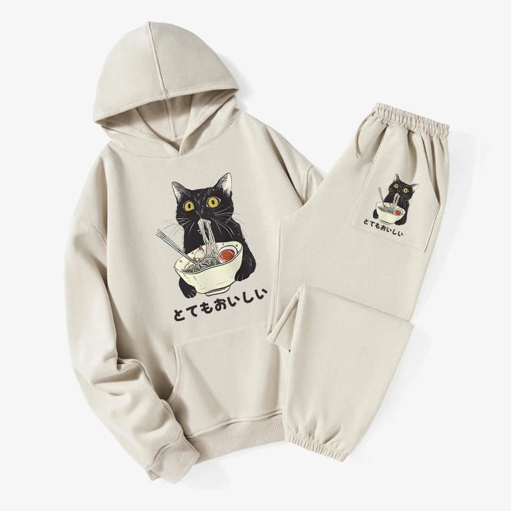 Cats Eat Ramen Noodles Fleece Lined Hoodie Set