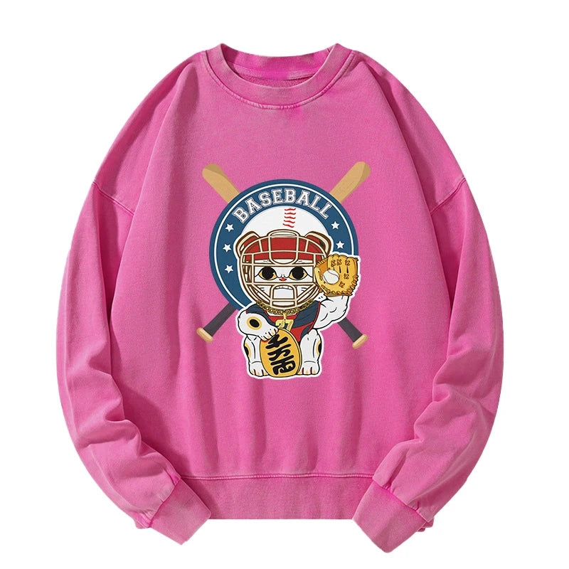 Janpaese Baseball Cat Washed Sweatshirt