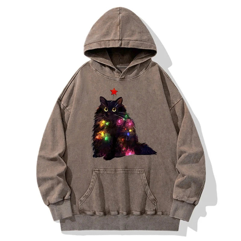 Christmas Lights Cat Washed Hoodie