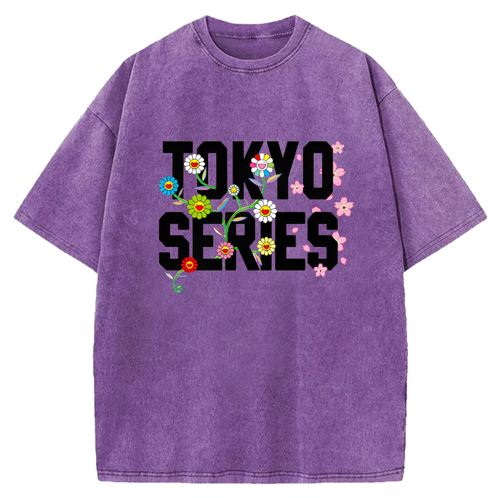 Tokyo Series Vintage Design Washed Crew Neck T-Shirt