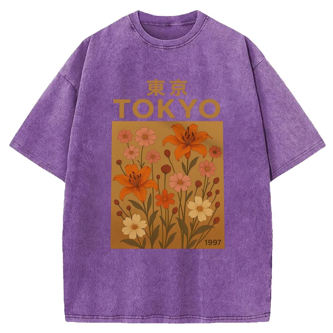 Tokyo Flowers Design Washed Crew Neck T-Shirt