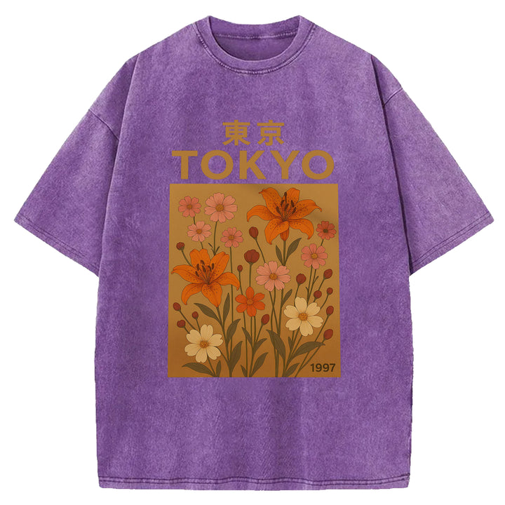 Tokyo Flowers Design Washed Crew Neck T-Shirt