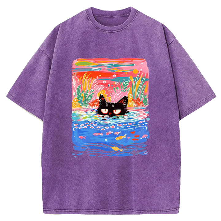 Artistic Cat Design Washed Crew Neck T-Shirt