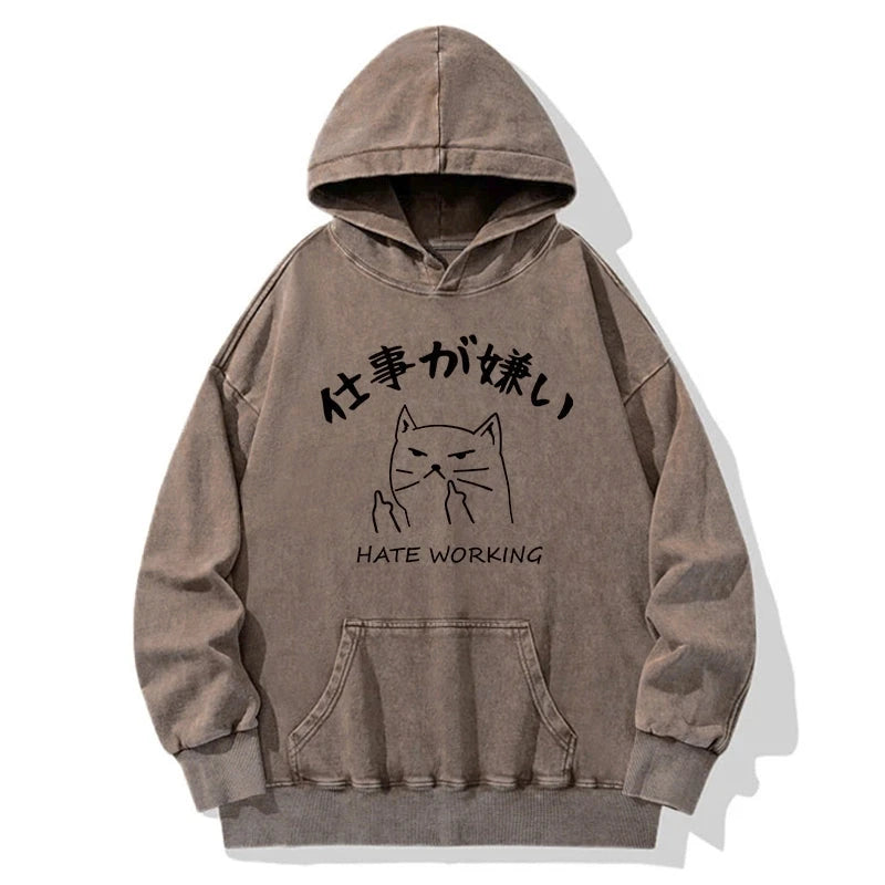 A Cat That Hates Work Washed Hoodie