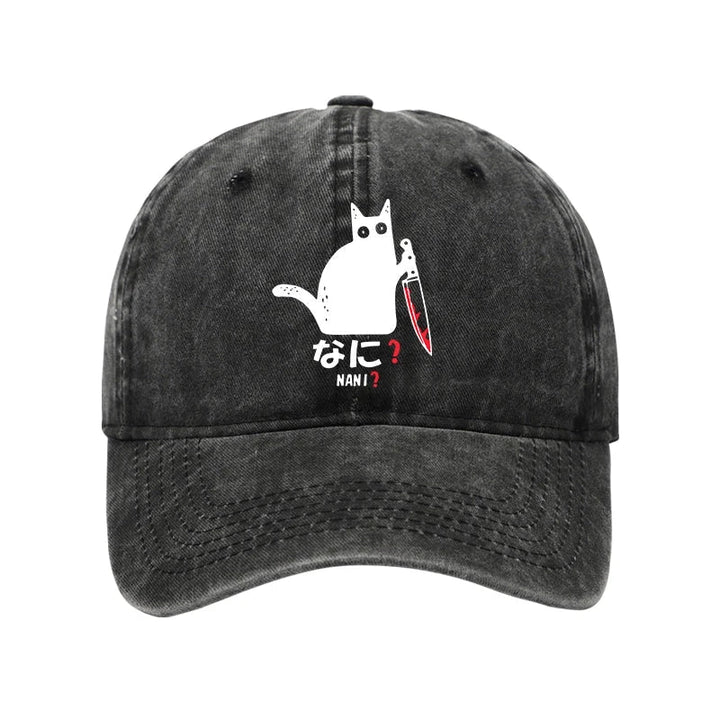 A Puzzled Cat Holding A Knife Washed Cap