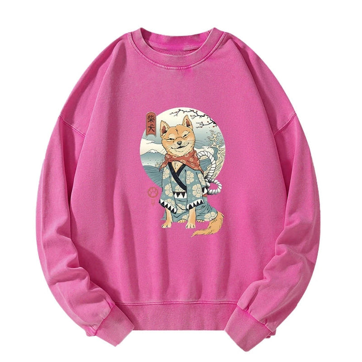 Samurai Shiba Dog Japanese Washed Sweatshirt