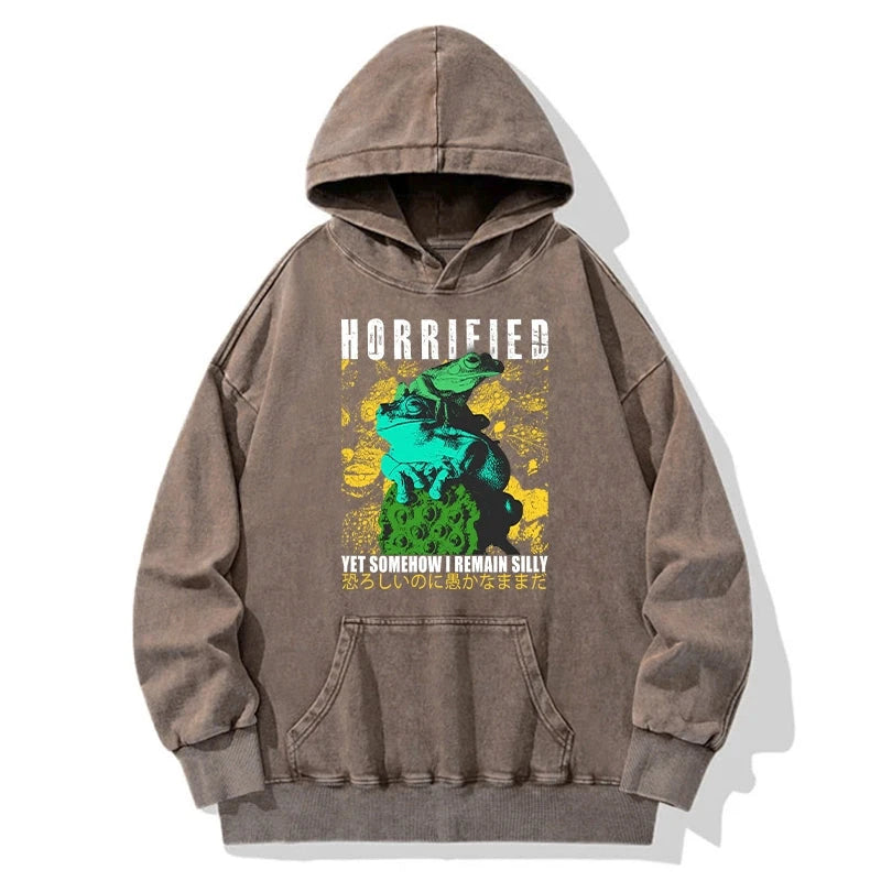 Horrified Two Frogs Funny Washed Hoodie