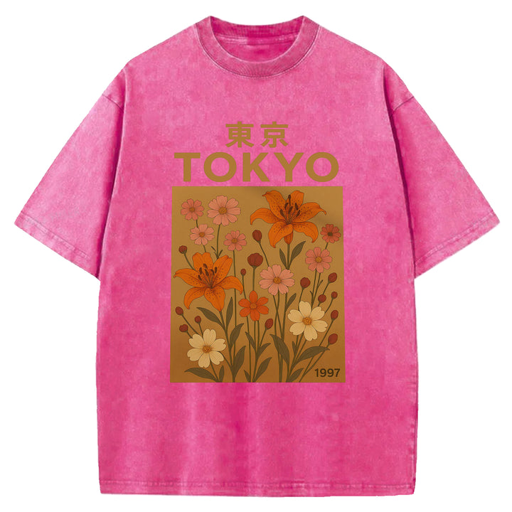 Tokyo Flowers Design Washed Crew Neck T-Shirt