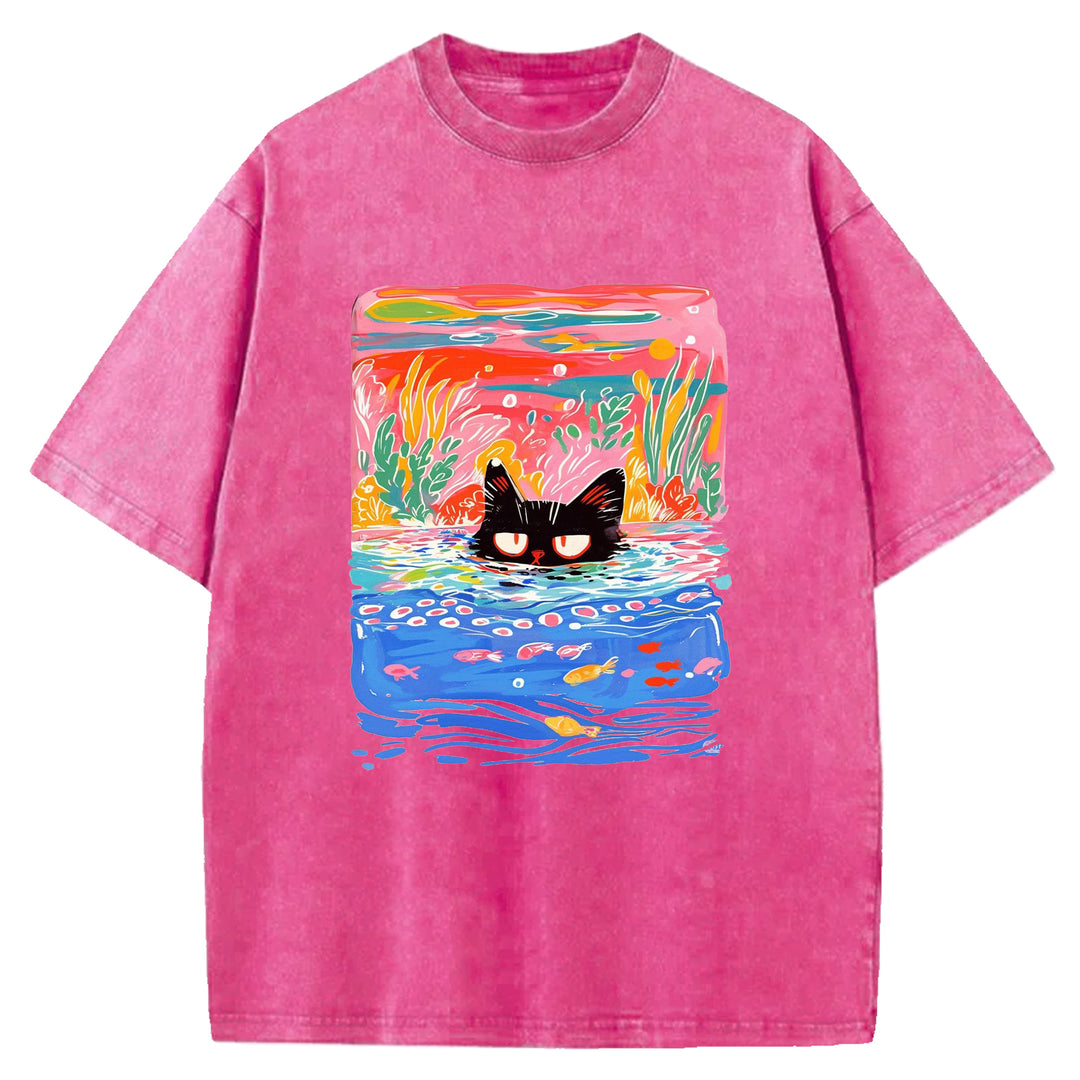 Artistic Cat Design Washed Crew Neck T-Shirt