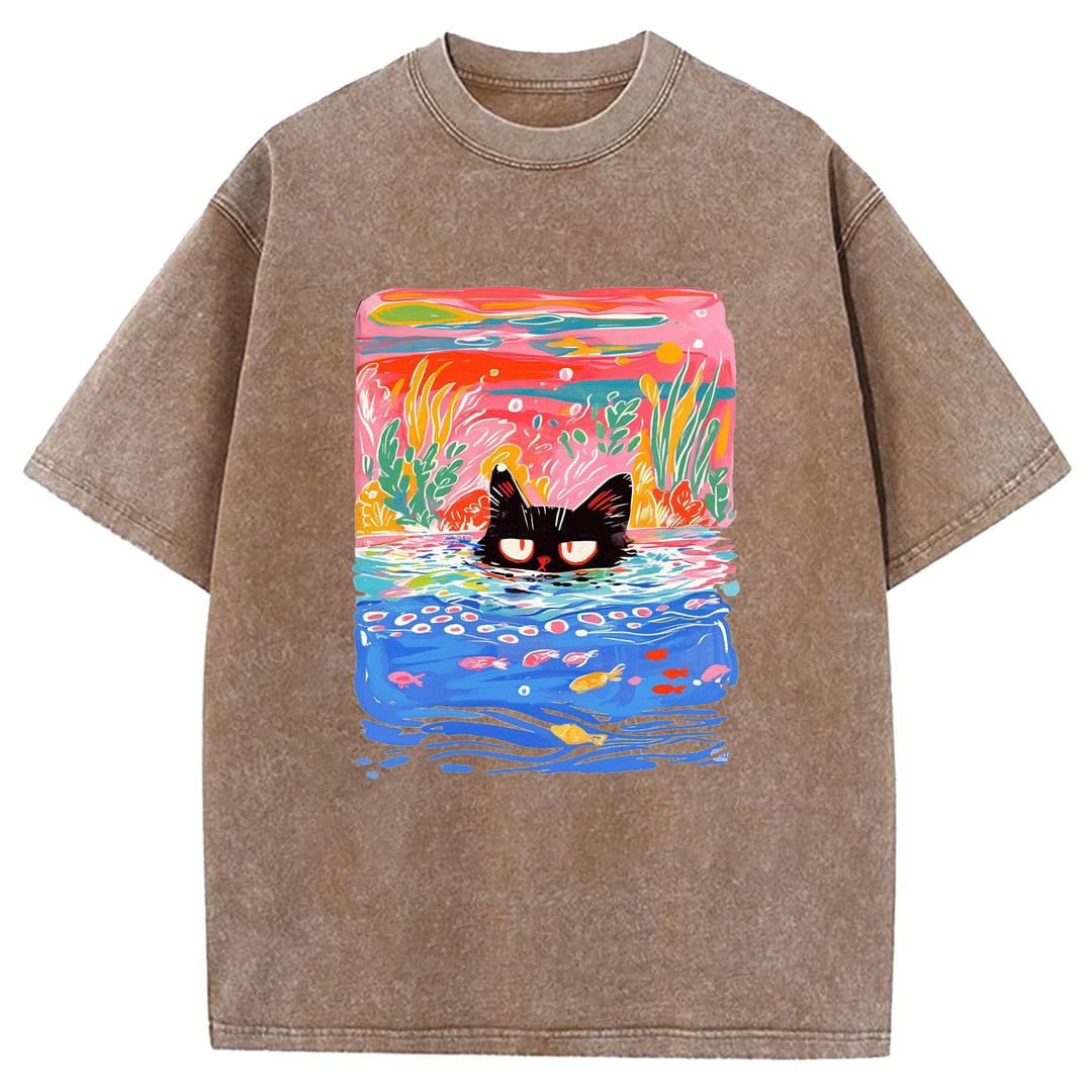 Artistic Cat Design Washed Crew Neck T-Shirt