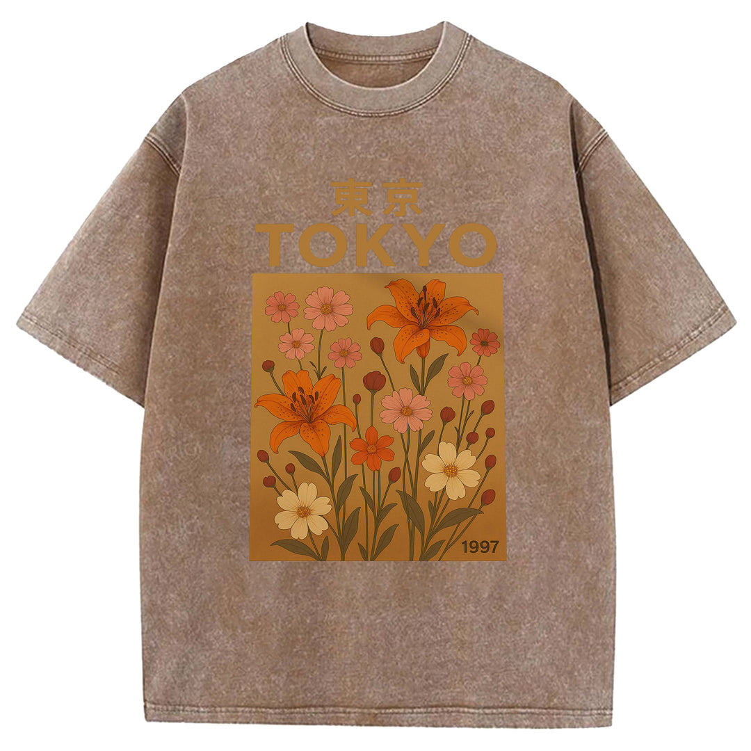 Tokyo Flowers Design Washed Crew Neck T-Shirt