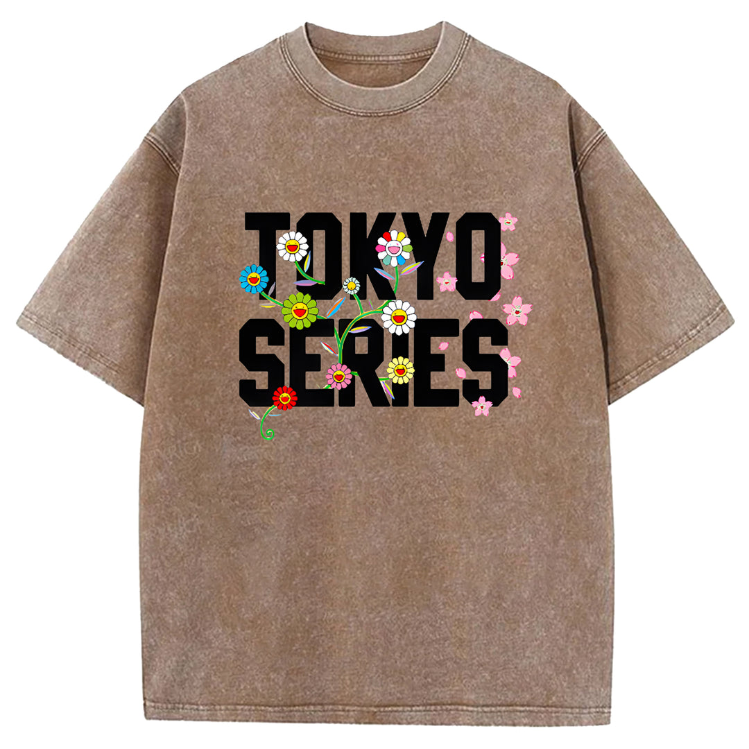 Tokyo Series Vintage Design Washed Crew Neck T-Shirt