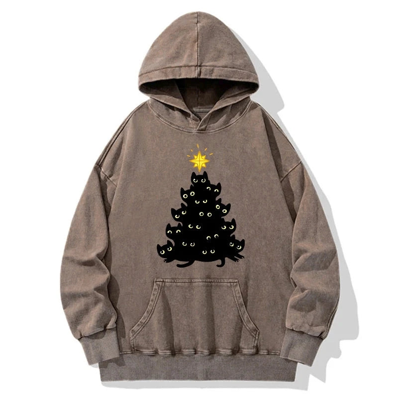 Black Cat Christmas Tree Washed Hoodie