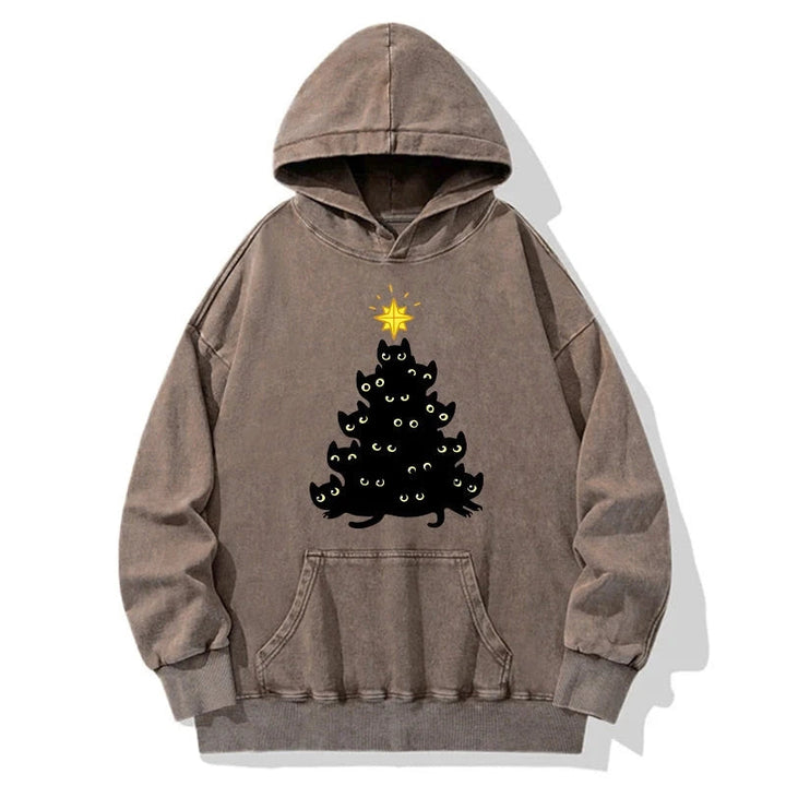Black Cat Christmas Tree Washed Hoodie