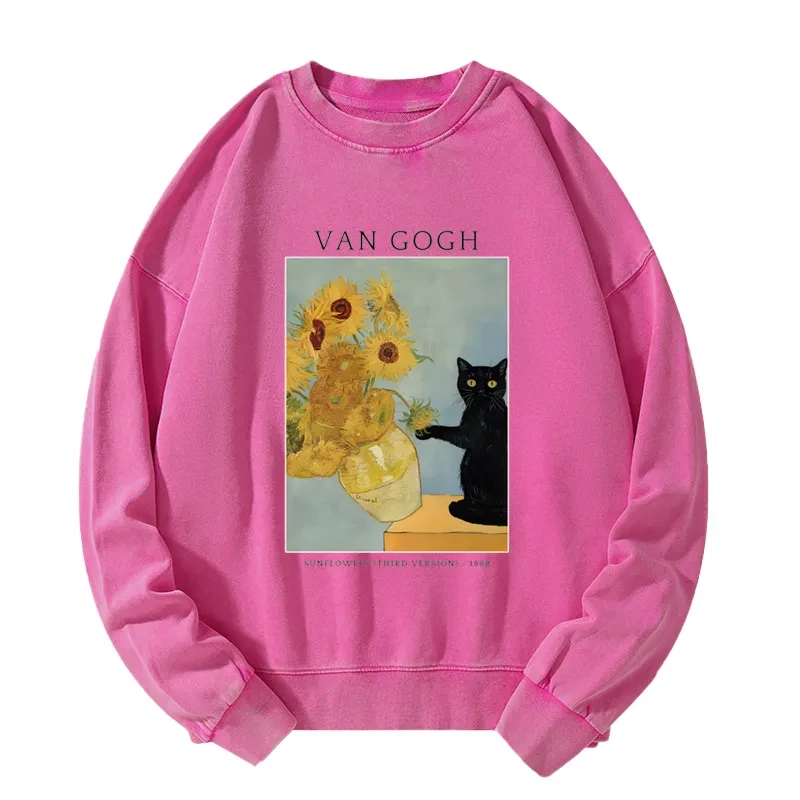 Black Cat With Sunflowers Washed Sweatshirt