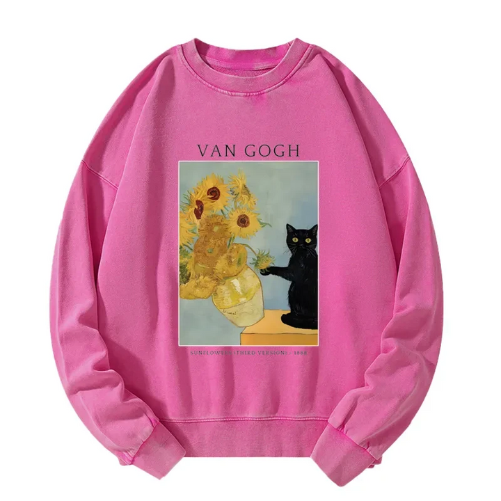 Black Cat With Sunflowers Washed Sweatshirt