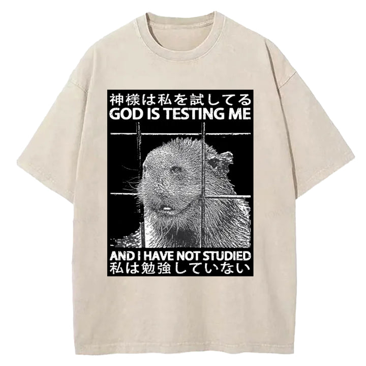 GOD IS TESTING  ME Washed Crew Neck T-shirt