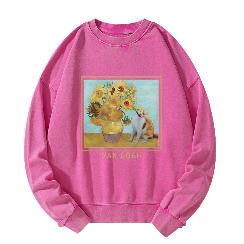 Naughty Cat Biting Sunflower Washed Sweatshirt