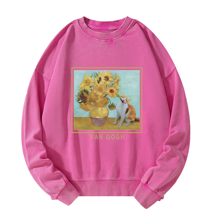 Naughty Cat Biting Sunflower Washed Sweatshirt
