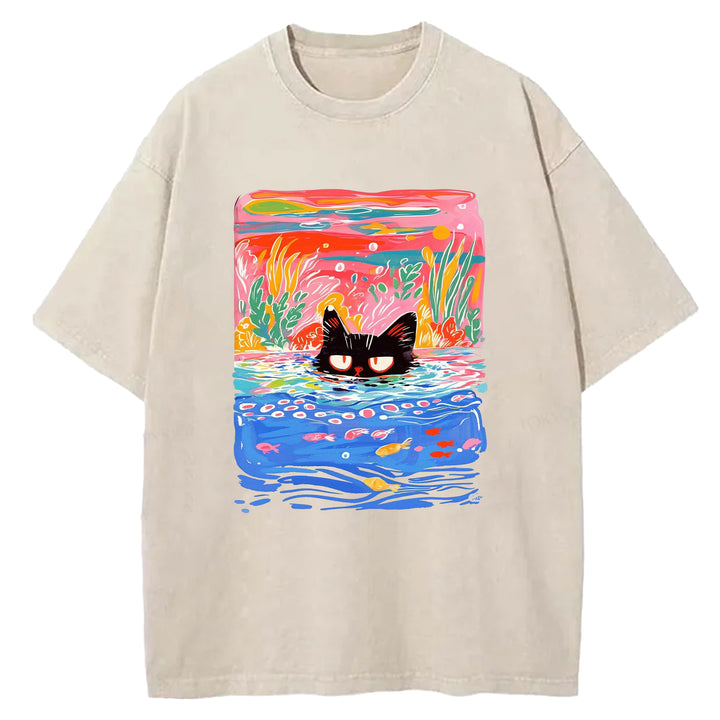 Artistic Cat Design Washed Crew Neck T-Shirt