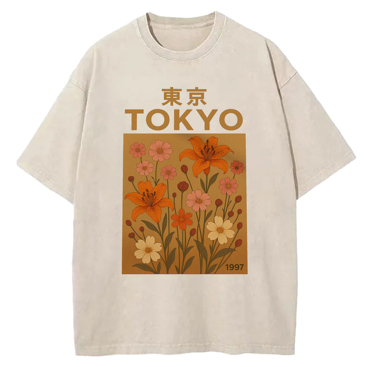Tokyo Flowers Design Washed Crew Neck T-Shirt