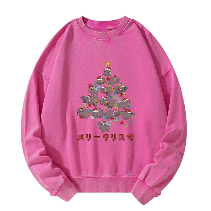 Moo Deng Christmas Tree Japanese Washed Sweatshirt