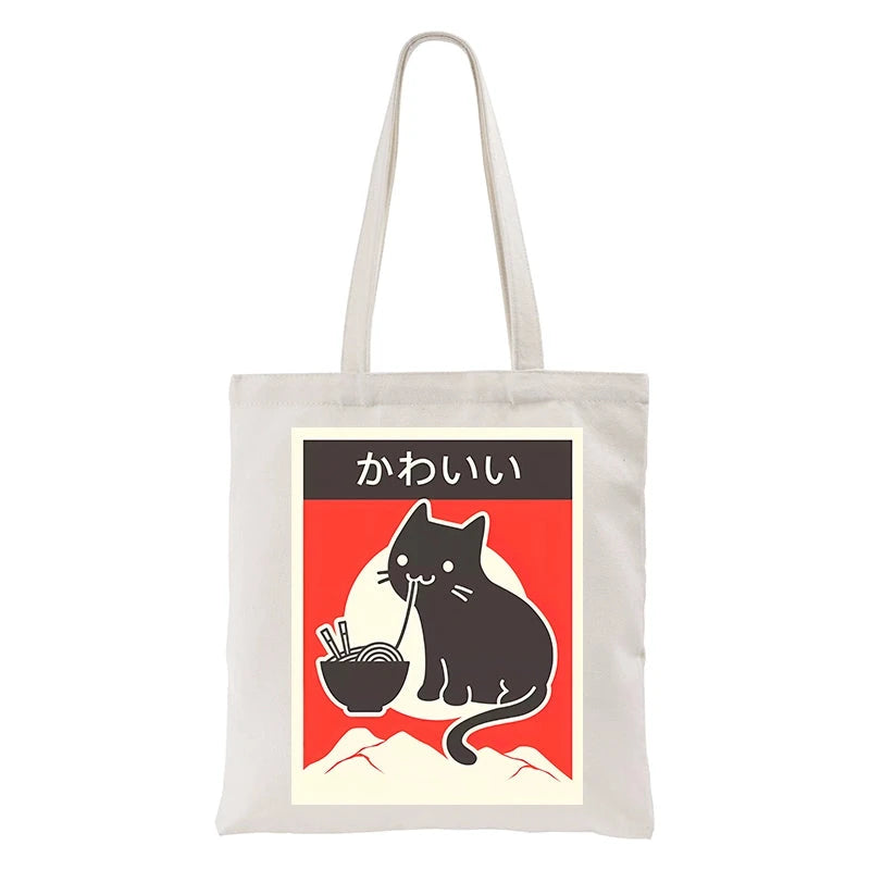 "Kawaii" Vintage Style Japenese Ramen Cat Tote Bag