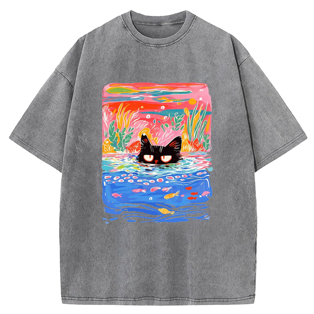 Artistic Cat Design Washed Crew Neck T-Shirt