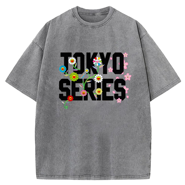 Tokyo Series Vintage Design Washed Crew Neck T-Shirt