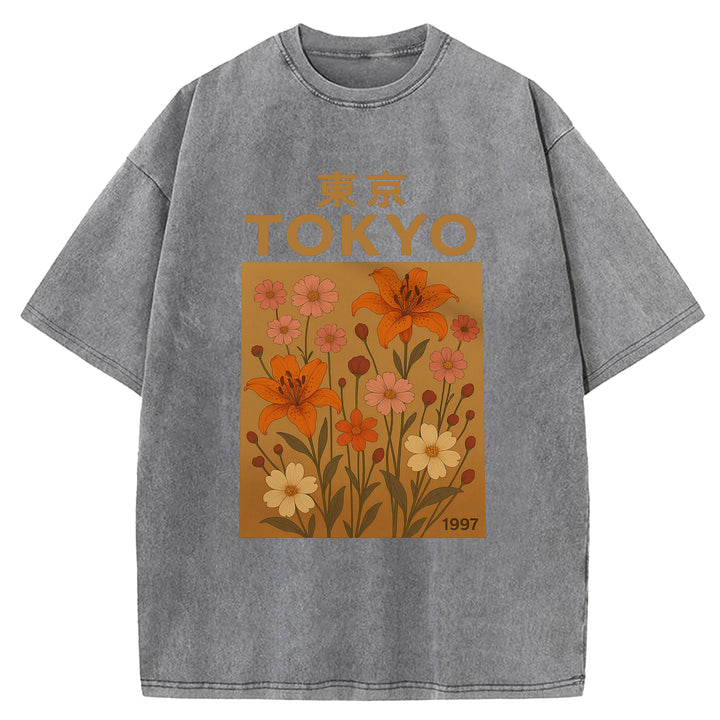 Tokyo Flowers Design Washed Crew Neck T-Shirt